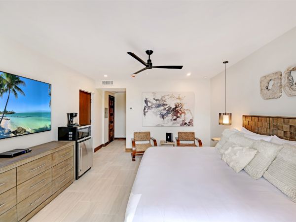 The image shows a modern, well-decorated hotel room with a large bed, flat-screen TV, ceiling fan, mini-fridge, and stylish artwork on the walls.