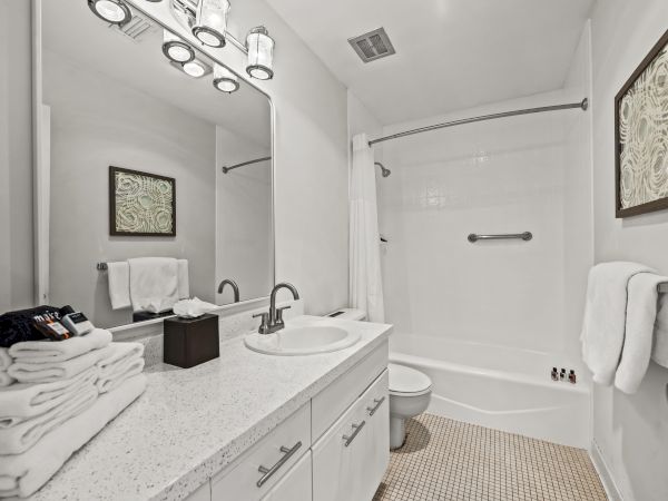 A modern bathroom with a large mirror, sink, toilet, and shower-tub combo. Towels, a wall-mounted artwork, and vanity lights are visible.