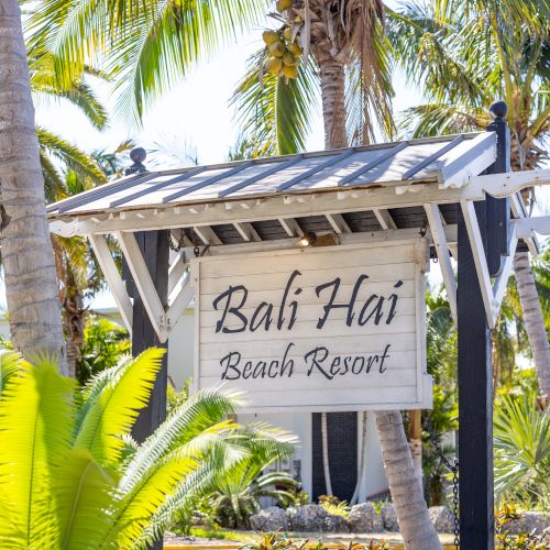 A wooden sign for "Bali Hai Beach Resort" stands among lush tropical plants and palm trees, suggesting a serene and exotic beach location.